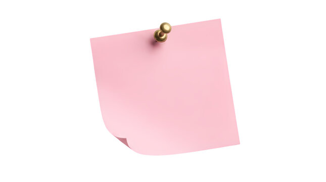 Pink sticky note paper with brass thumbtack, reminder memo, office stationery, message board.