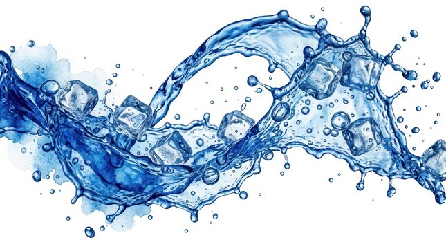 Dynamic Blue Water Splash with Ice Cubes Frozen in Motion.