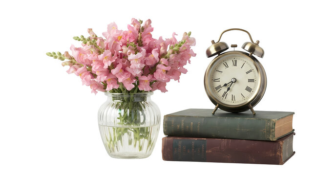 Pink snapdragons in glass vase beside vintage alarm clock and books for desktop background.