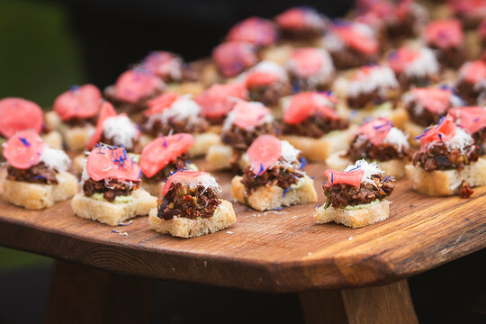 Cormorant tartare served as elegant bite-sized canap&eacute;s on rustic wooden boards, topped with colorful edible garnishes and presented as an innovative gourmet appetizer for fine dinin.