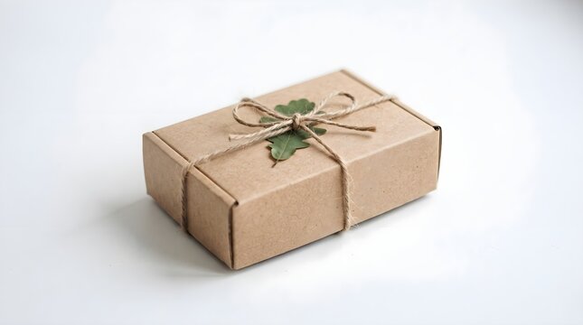 recycled cardboard packaging box with string and leaf