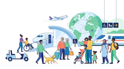 Naklejka premium Accessible global travel and inclusive public transportation for diverse people, seniors, and passengers with disabilities
