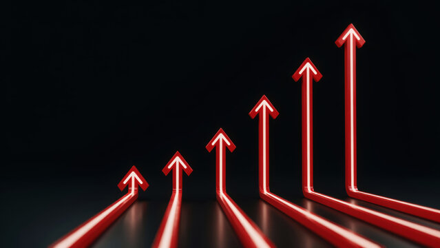Growing sequence of glowing red upward arrows forming business chart