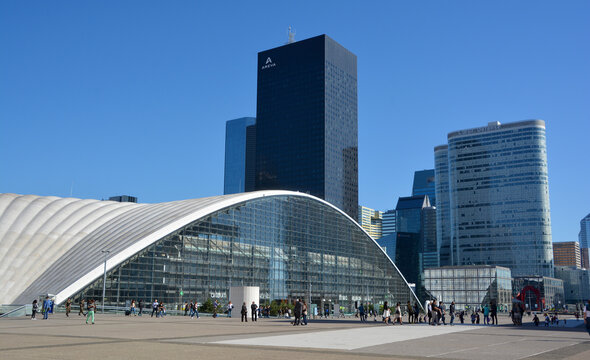 District La Defense in Paris France. It is Europes largest business district with 560 hectares area 72 glass and steel buildings and skyscrapers