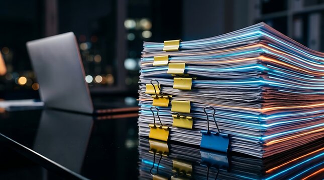 Stack of office documents with colorful binder clips on reflective desk surface near laptop for organized legal financial management paperwork archival tasks and daily business.