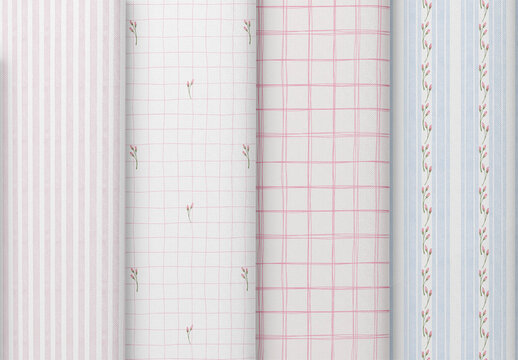 Watercolor Pastel Floral Striped Pattern Collection with Plaid and Hand Drawn Botanical Details