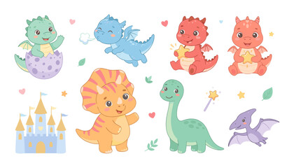 Cute Cartoon Baby Dinosaur and Little Dragon Vector Element Set Featuring Triceratops Pterodactyl Brachiosaurus and Fairy Tale Castle for Nursery Graphic Designs © mark jukerbug