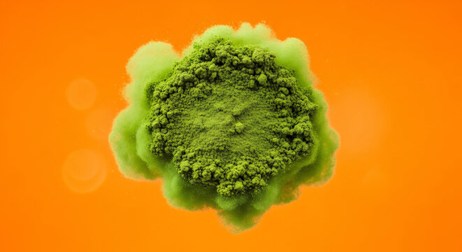 Vibrant green powder cloud exploding from a central mass against a bright orange background, ideal for food packaging, healthy lifestyle advertising and abstract design elements