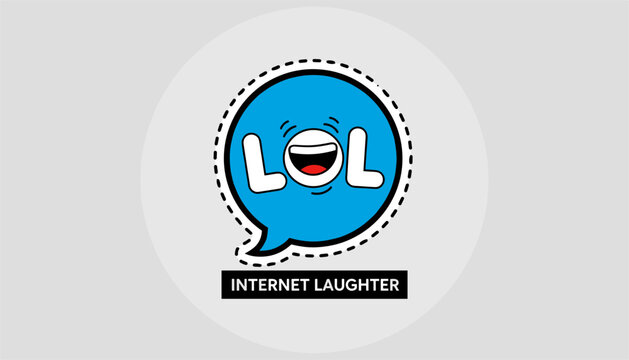 Internet laughter slang LOL displayed in a blue speech bubble with a laughing emoji face and a dashed line border on grey background.