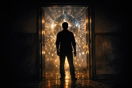 A person standing in a doorway with a disco ball in the background