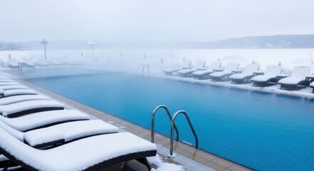 Fototapeta premium Outdoor Swimming Pool Covered in Snow with Lounge Chairs.