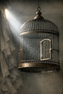 A bird confined in a cage with a beacon of hope shining through, emphasizing freedom and resilience
