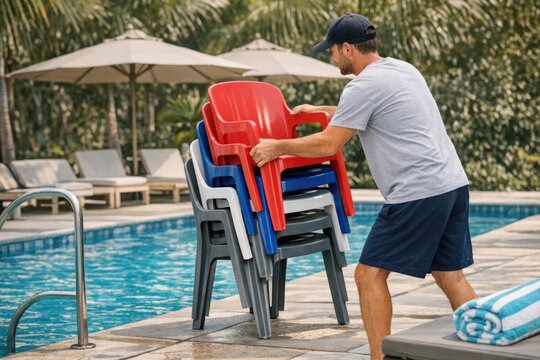 A person moving a stack of plastic chairs near a swimming pool