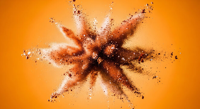 Explosion of rich brown powder with white particles on an orange background, concept for food ingredients, cosmetic powders and creative design elements