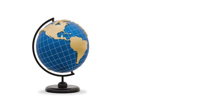 A blue world globe with stand and gold continents rests on the right against a grid background with copy space in eye level, perfect for global business presentation templates.