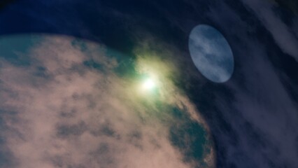 A mystical space scene featuring deep blue, teal, and soft pink hues, creating a surreal astronomical atmosphere. Perfect for science fiction, fantasy art, space exploration, wallpaper, presentation © QuyenBui