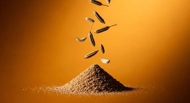 Fennel seeds falling into a pile of ground spice, high speed photography, close-up, ideal for food blogs, culinary advertising and spice packaging