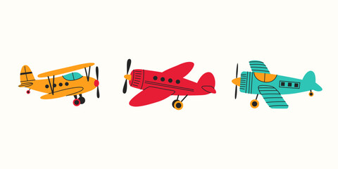Colorful Vintage Airplane Set. Flat Retro Propeller Aircraft Vector Illustrations © Anastasiia