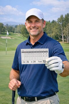 A person keeping track of scores on the golf course, holding a golf club