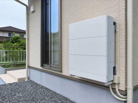 家庭用蓄電池を設置した省エネ住宅の外観