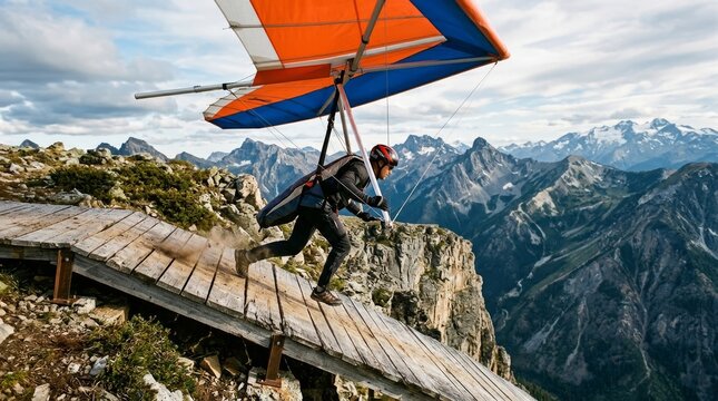 A person runs along wooden ramp with harness helmet and hang glider on mountain ridge.