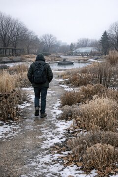 A person walks down a snowy path, likely on their way to somewhere or enjoying the winter scenery