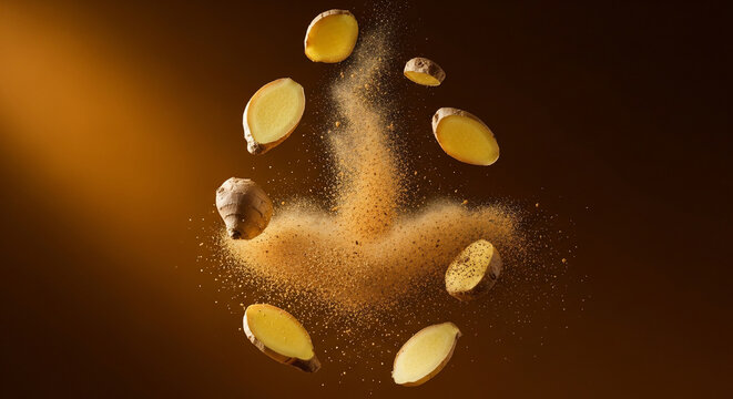 Fresh ginger slices and root exploding with powder in mid-air, dramatic lighting, ideal for culinary blogs, healthy food advertising and spice marketing