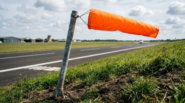 Orange windsock rests on a metal post beside a runway in a grassy field.