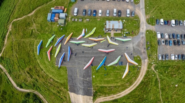 Colorful gliders line up on the runway at the airfield.