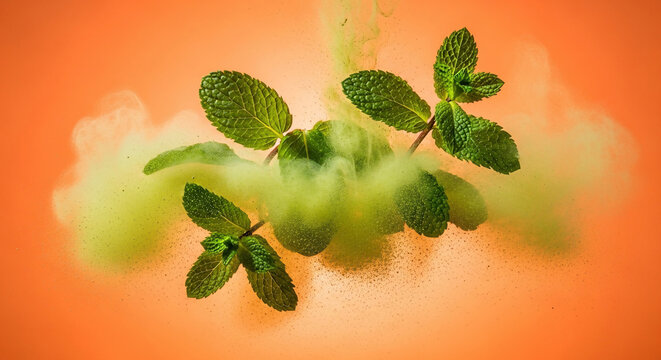 Fresh mint leaves with green smoke and particles exploding against an orange background, ideal for food and beverage advertising, wellness blogs and natural product marketing