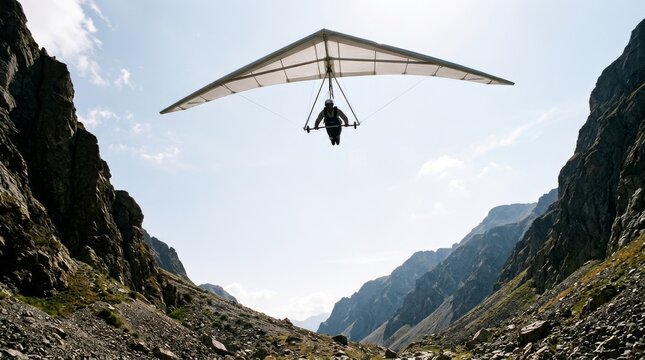 A person glides with a hang glider between tall rocky canyon walls.