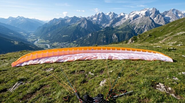 A colorful paraglider wing lies on a grassy mountain slope, ready for launch.
