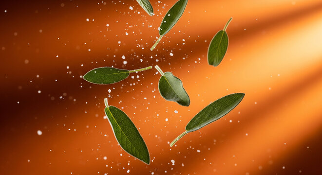 Fresh sage leaves and salt crystals in motion against a warm, sunlit orange background, perfect for culinary advertising, healthy eating concepts and gourmet food blogs