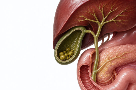 Gallbladder and biliary tree cutaway medical illustration