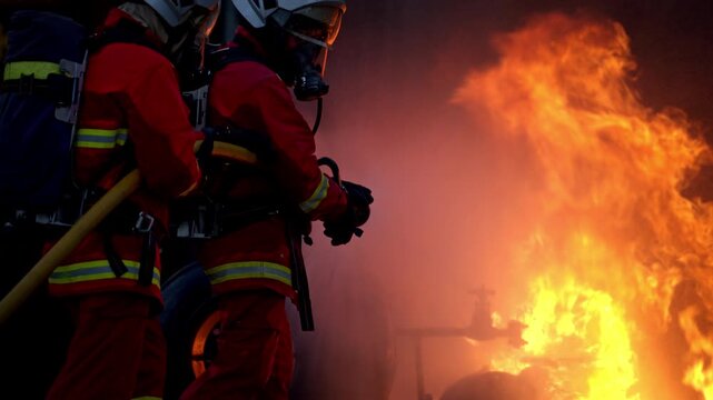 Firefighters use a water hose to suppress an industrial fire during emergency response training in a wet outdoor facility