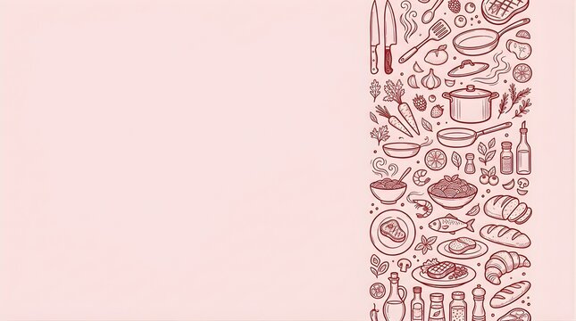 Hand drawn kitchen utensils and food ingredients border on pink background