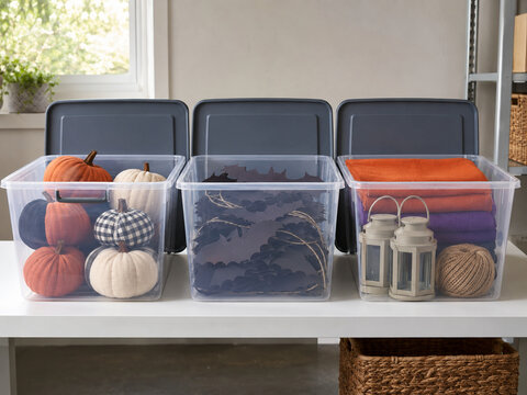 Halloween decorations organized in clear storage bins