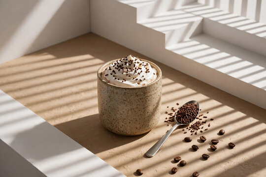 Frothy mocha in textured ceramic mug with chocolate sprinkles and spoon, studio shot, ideal for cafe menus, beverage advertising and dessert promotions