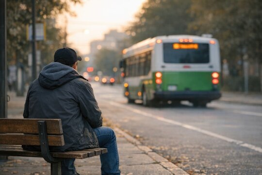 A person sitting on a bench in front of a bus, perfect for urban or cityscape scenes