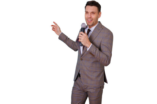 Confident man in a plaid suit holding a microphone and gesturing, giving a presentation or speech. Transparent background
