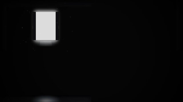 Glowing blank vertical mockup poster illuminated under bright light in complete darkness with dynamic camera panning movement creating a dramatic futuristic minimalist display presentation.