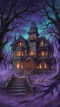 Creepy abandoned Victorian mansion covered in purple mist during a spooky Halloween night