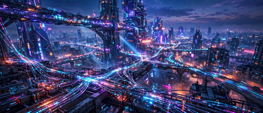 Futuristic cityscape with glowing neon pathways and aerial transportation, aerial view, perfect for technology concepts, urban planning and sci-fi themes