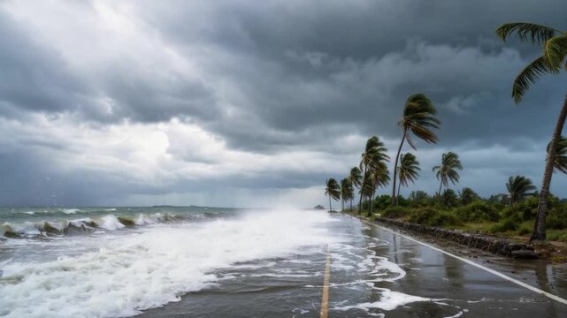 Storm surge waves flood a coastal road as wind bends palm trees under dark tropical storm clouds
