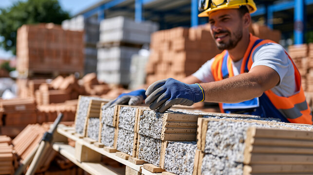 Construction worker inspecting a pallet of aerated concrete blocks before loading, surrounded by stacks of red bricks and concrete masonry units, authentic candid posture and realistic building mate