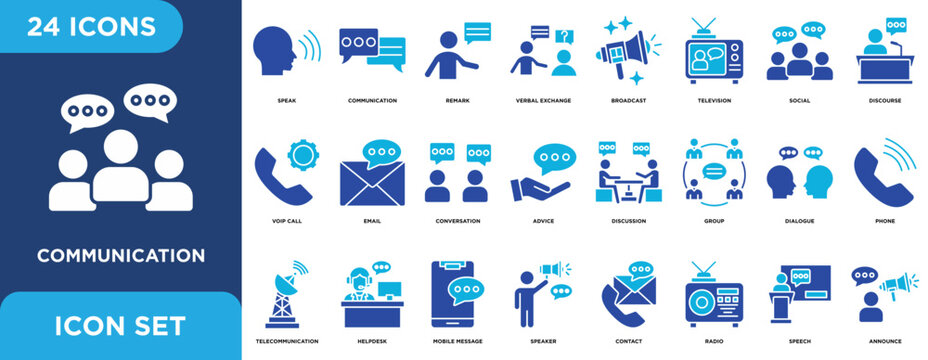  Communication icon set with remark, verbal exchange, broadcast, television, social, discourse