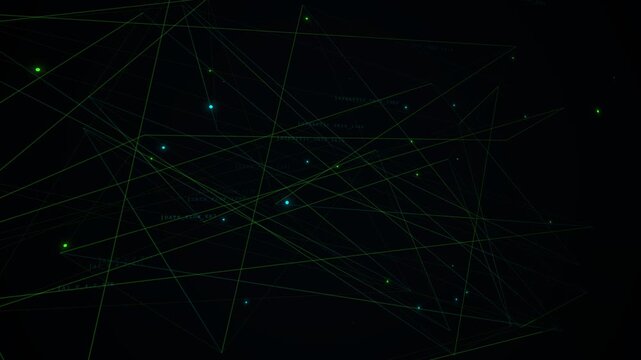 Abstract futuristic digital network animation showing green plexus lines, glowing cyber nodes, and technological HUD data connecting across a dark cyberspace background in dynamic motion.