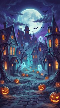 Spooky haunted village street illuminated by jack-o-lanterns and a bright full moon