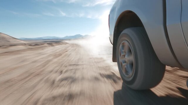 Offroad SUV / Pick Up Truck driving through Campo de Piedra Pomez in Catamarca Argentina. Rear Wheel detail POV, sunrise.