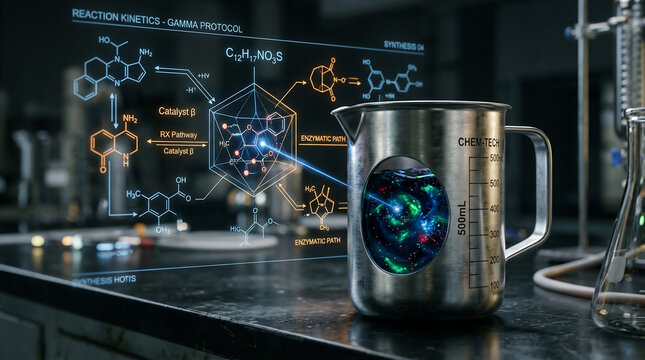 Futuristic holographic molecular diagrams and chemical formulas overlaying a laboratory beaker containing a galaxy, concept for advanced science, research and pharmaceutical innovation